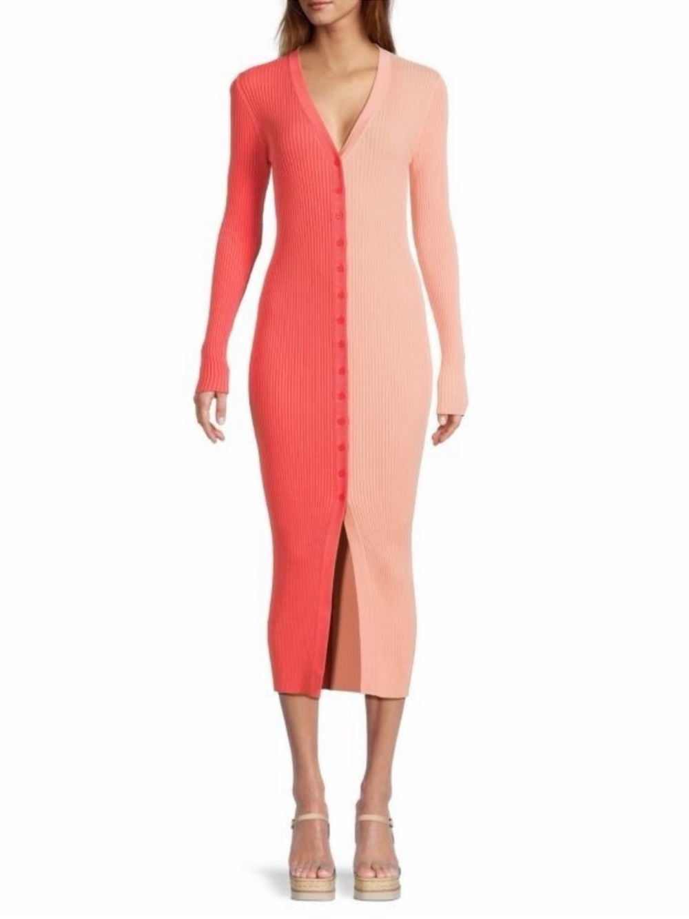 STAUD Shoko Colorblock Long Sleeve Ribbed Midi Sweater Dress in Coral/Peach Sz S